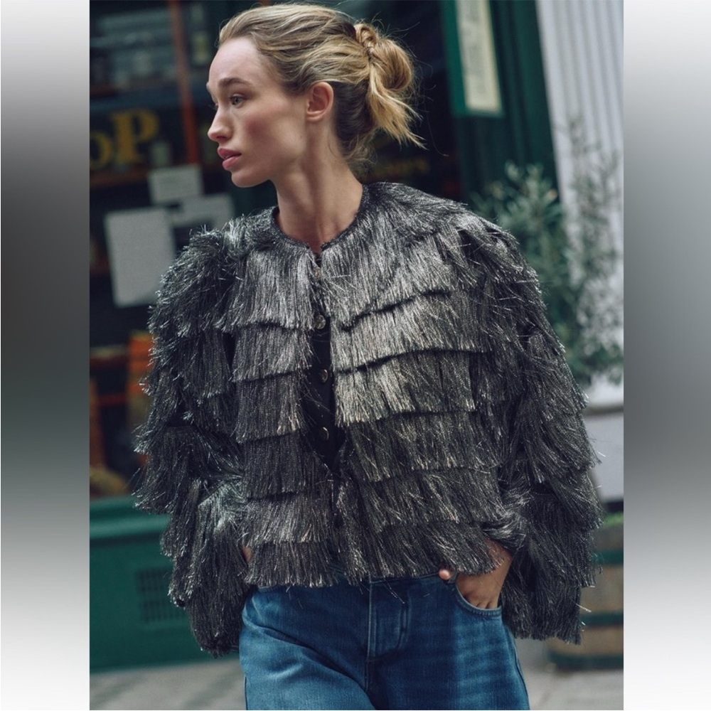 ZARA FRINGED JACKET WITH METALLIC THREAD